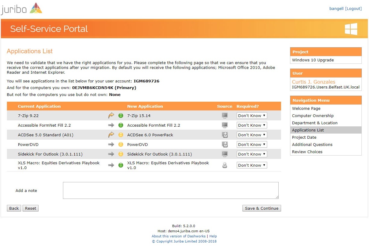 Self-Service Portal Application List Verification