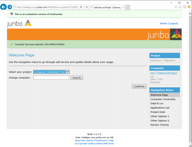 welcome page of Juriba's IT Migration tool, Dashworks