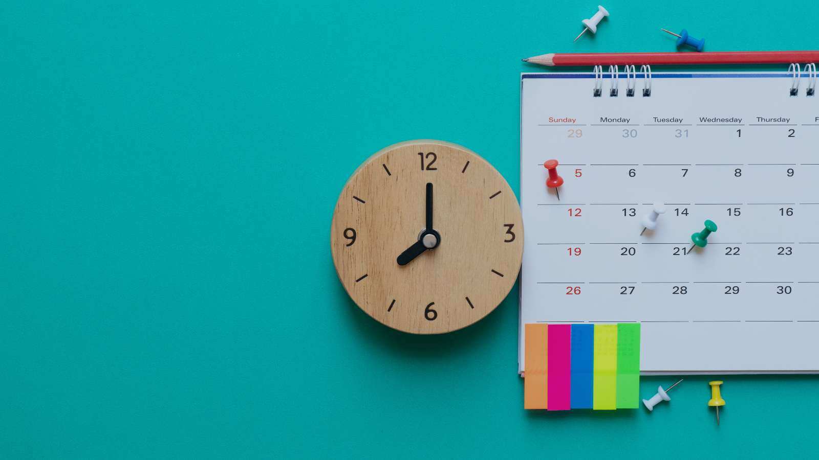 A green background features a calendar, clock, and pen, representing scheduling and productivity tools.